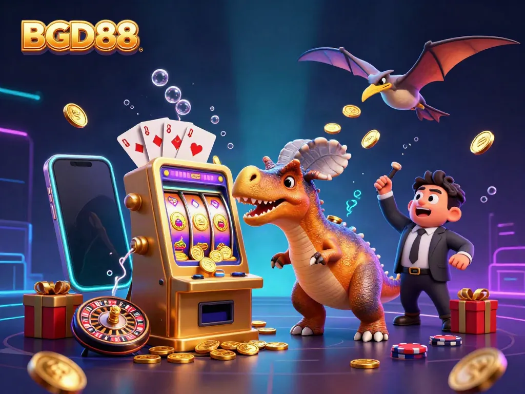 BGD88: 3D animation of a pachycephalosaurus hitting a slot machine with flying coins.