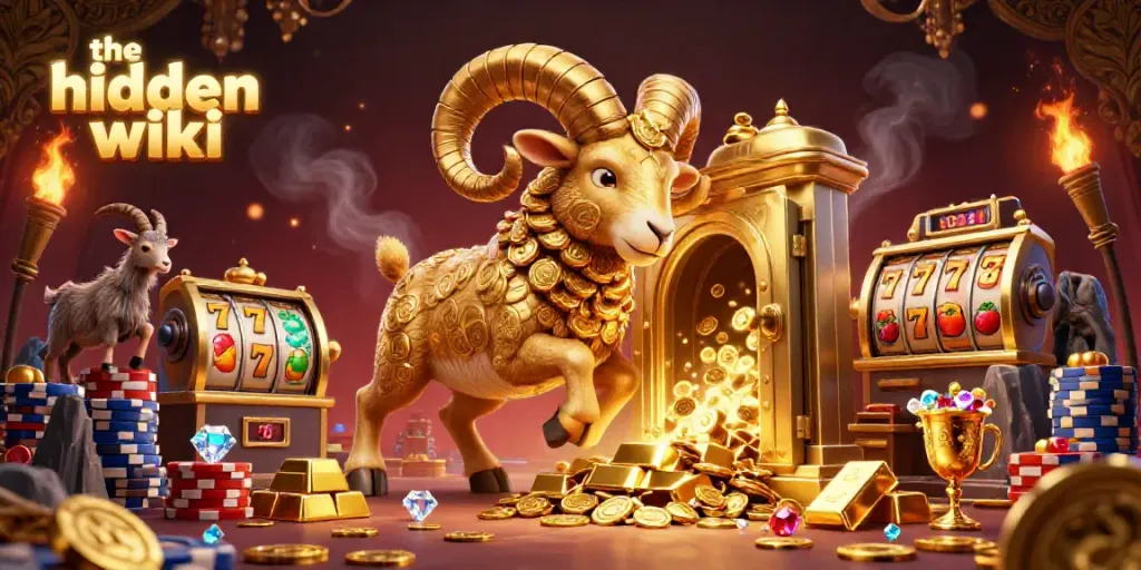 Engage with the hidden wiki's exciting gambling scene, featuring a golden ram and slot reels, sparkling treasures and vibrant atmosphere.