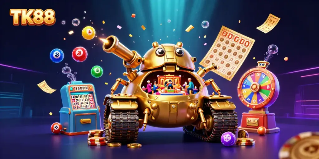 Engage with the vibrant TK88 casino experience featuring a golden beetle tank and dynamic game elements.