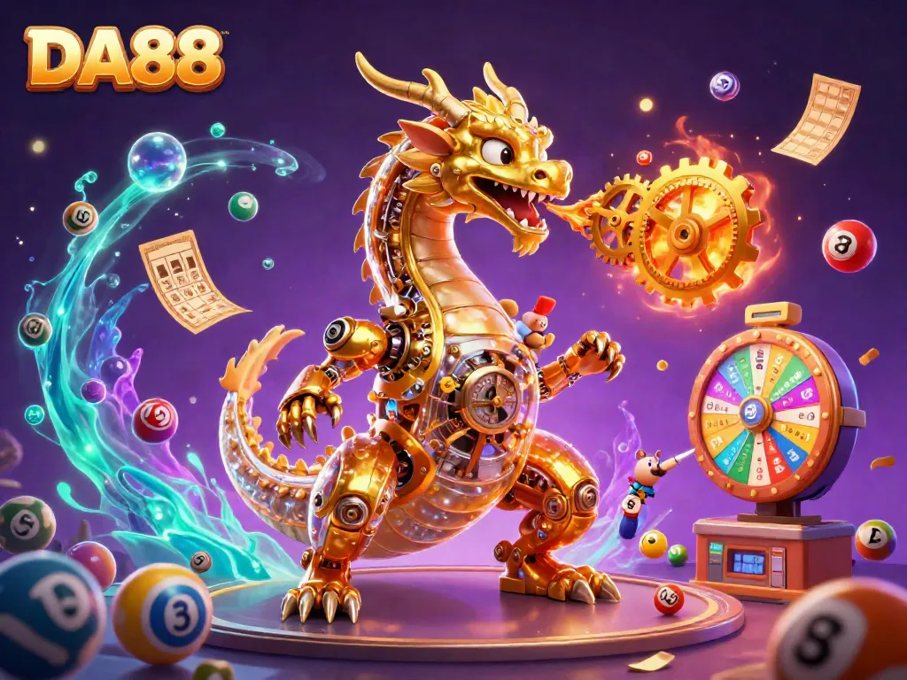 Experience the thrill of DA88 with a dynamic scene featuring colorful lottery elements and a golden dragon.