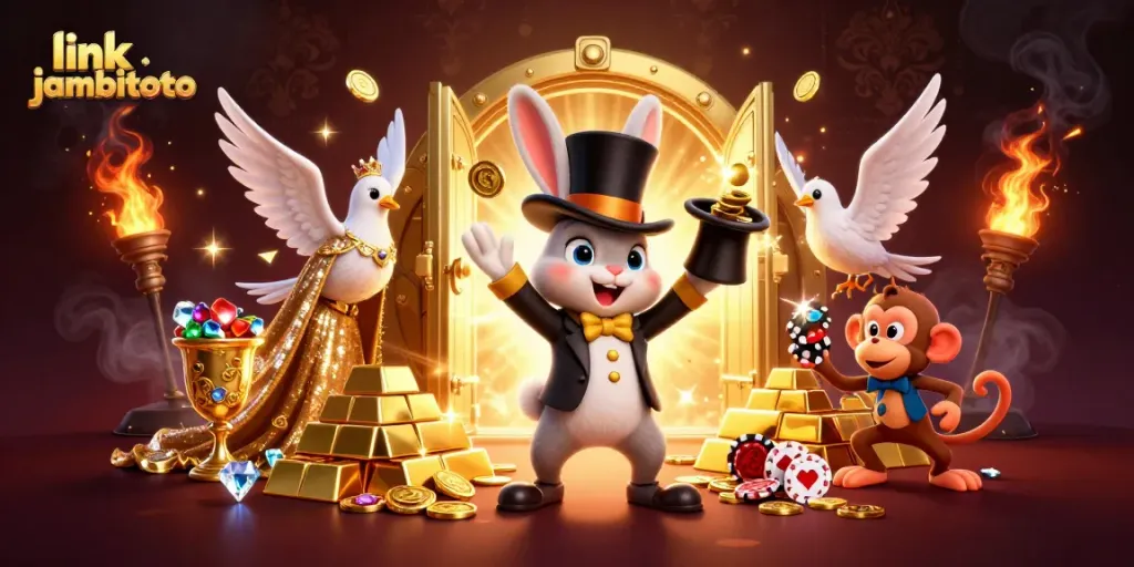 Engage with the magical world of link jambitoto as a rabbit conjures coins with a dove and monkey amidst treasures.