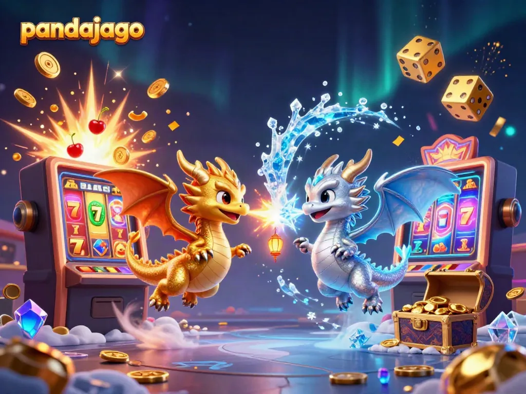 Menghadirkan pandajago dengan dua naga 3D terbang, simbol keberuntungan, dan mesin slot megah untuk pengalaman kasino yang menyenangkan