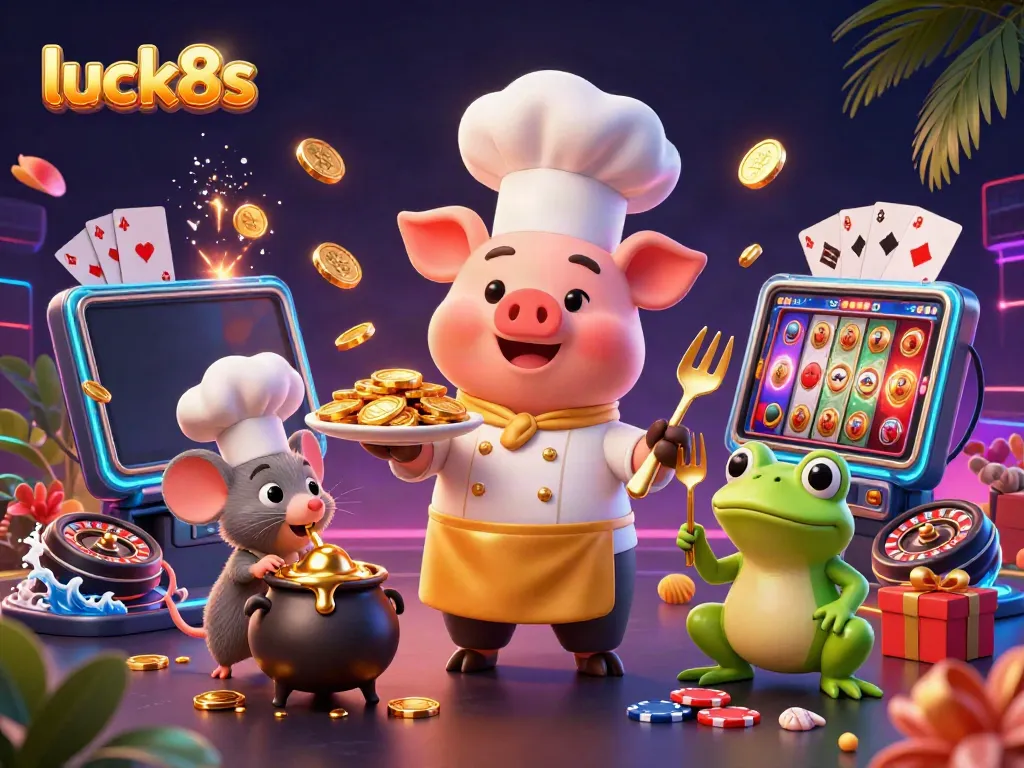 Boost your winnings with luck8s: a festive scene featuring a gourmet pig chef serving gold coins alongside a sous-chef mouse and frog critic.