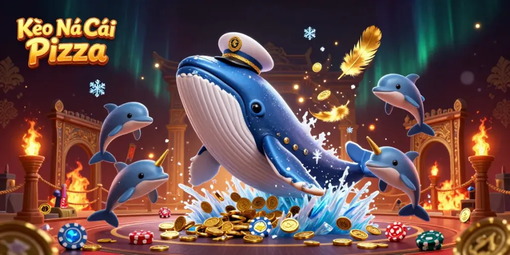 Kèo Nhà Cái Pizza promotional 3D illustration featuring vibrant sea of coins and playful casino characters.