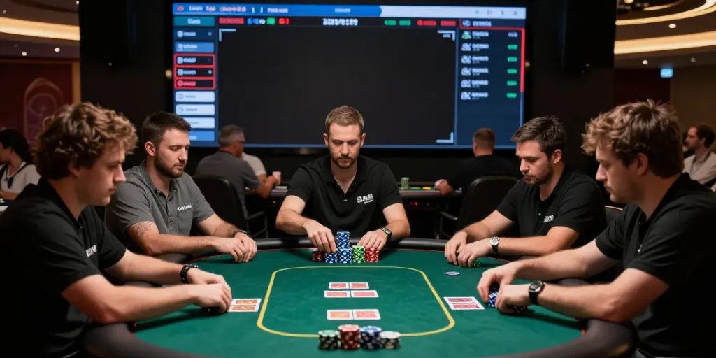 Tournament poker dengan pemain serius dan suasana kasino yang mendebarkan, memperlihatkan deltabet dalam aksi.