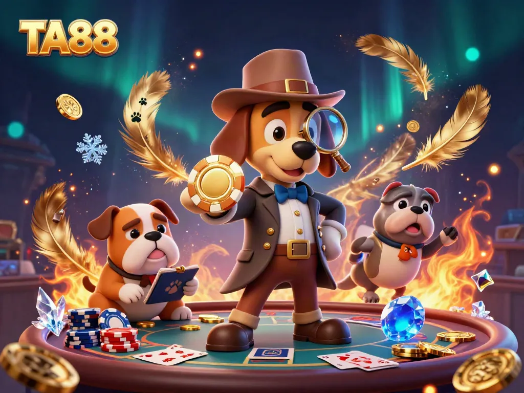 Engage with TA88 casino gaming as a detective bloodhound discovers poker clues in a vibrant scene.